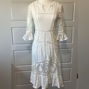 For Love & Lemons Lace Midi Dress White Bohemian Style Flared Sleeve Party Dress